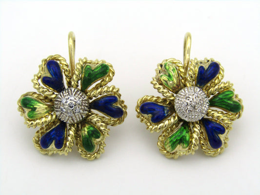 18K gold enamel and diamond earrings.