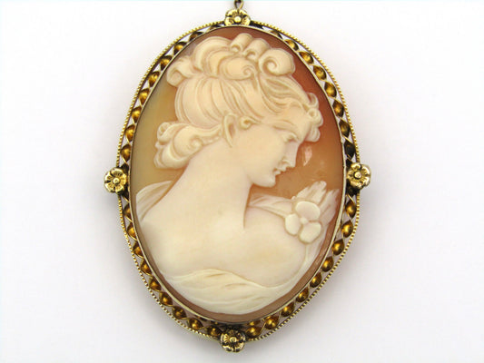 Gold plated shell cameo brooch.