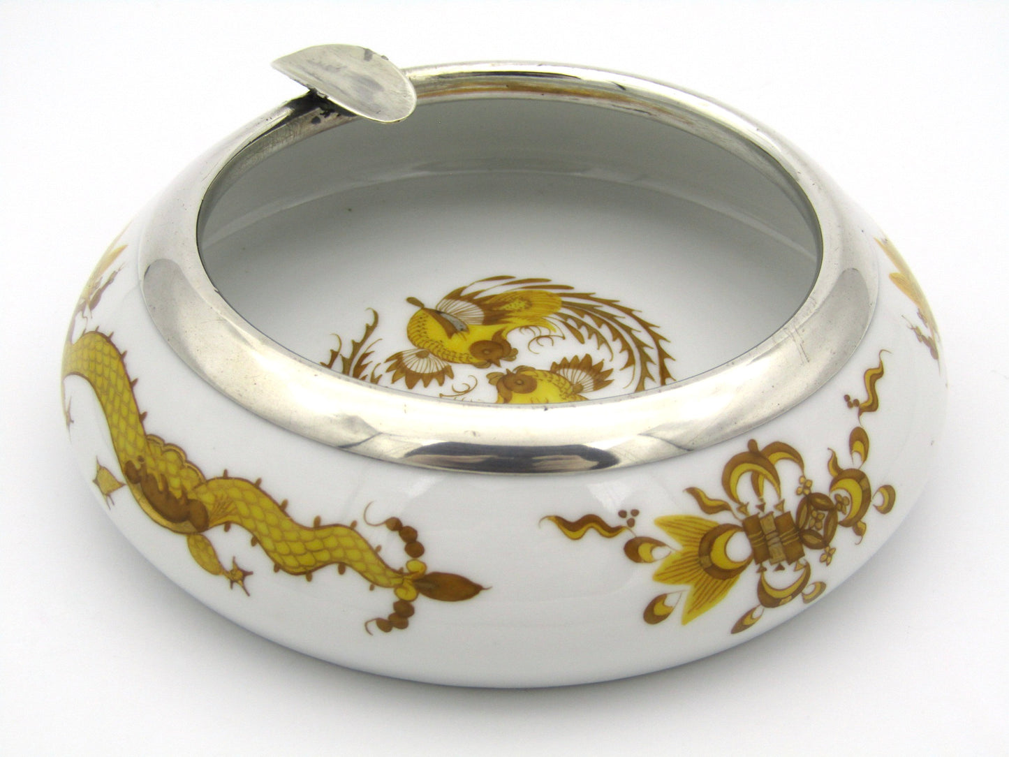 Meissen golden dragon ashtray with silver mount.