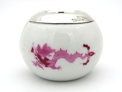 Meissen pink dragon match striker with silver mount.