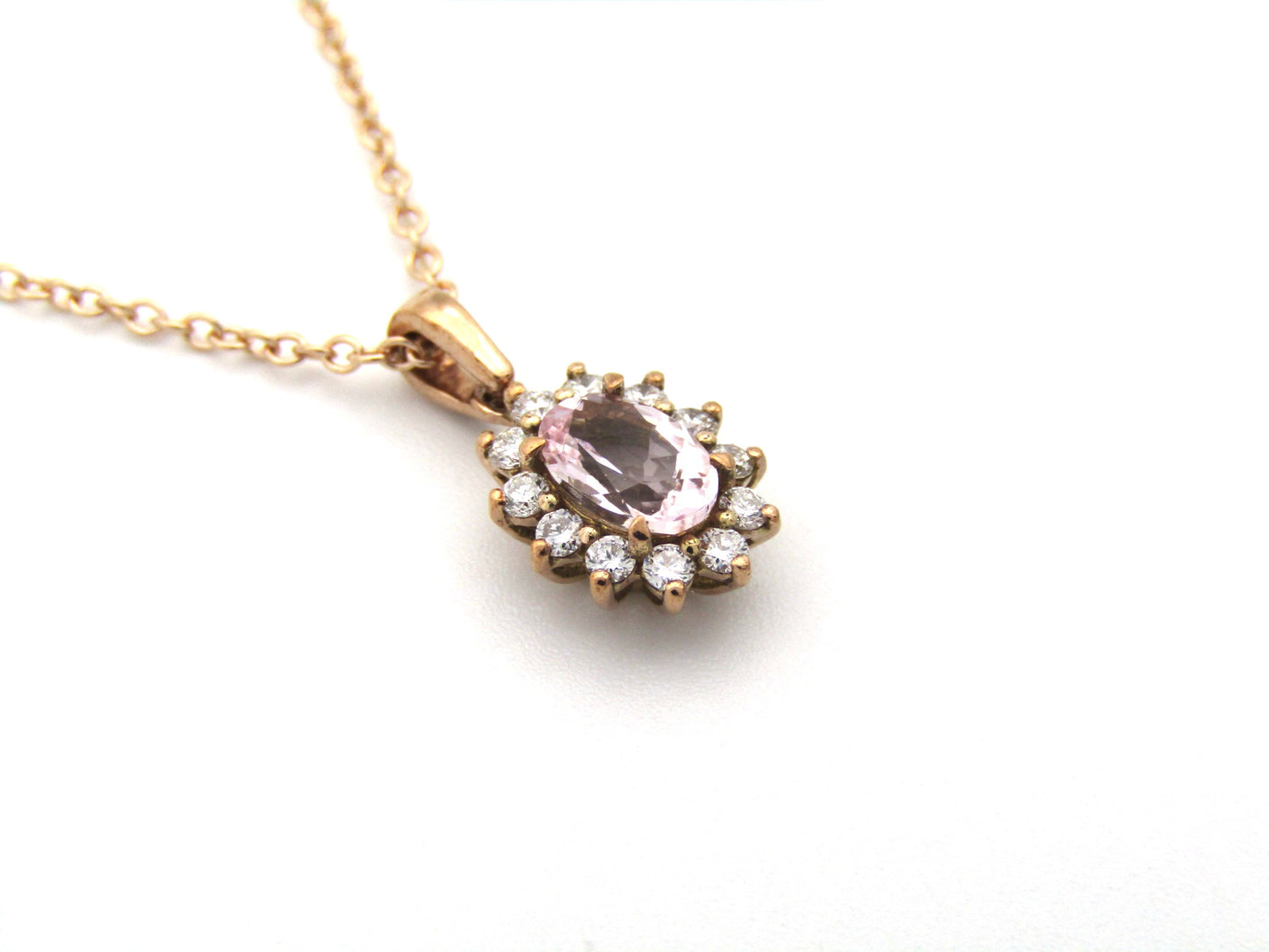 9K gold morganite and diamond pendant by Browns.