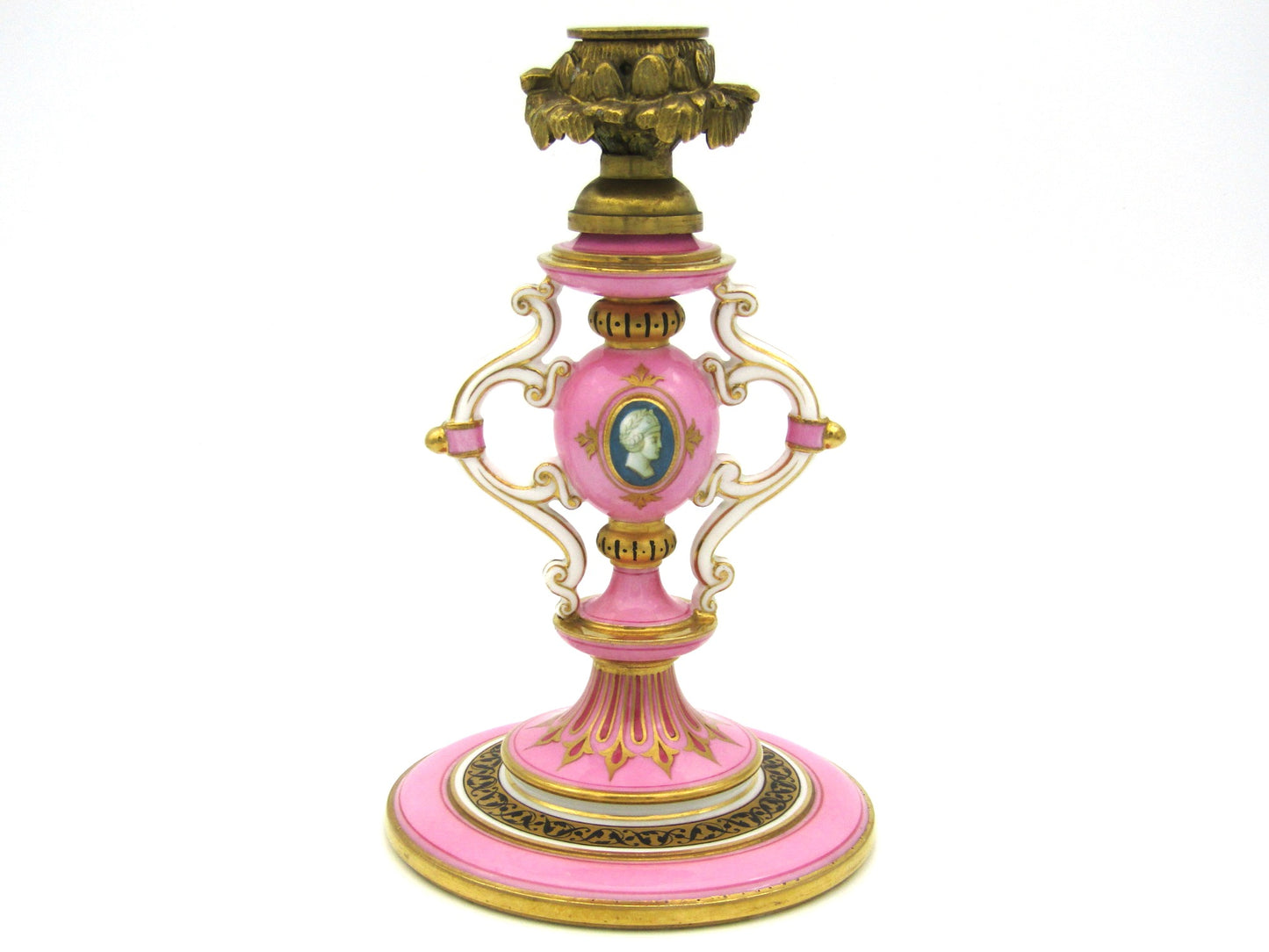 Minton pink and gilt candlestick, Circa 1870.