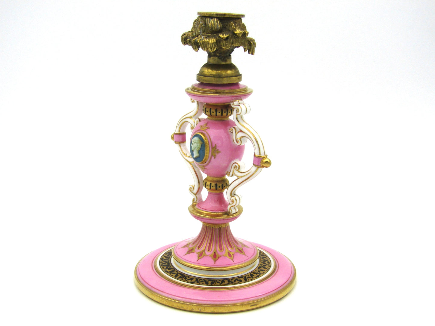 Minton pink and gilt candlestick, Circa 1870.