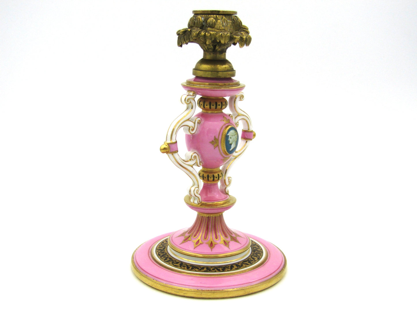 Minton pink and gilt candlestick, Circa 1870.