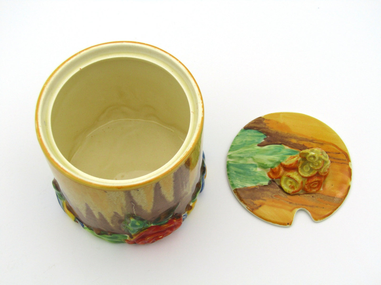 Clarice Cliff "My Garden" pattern preserve jar and cover.