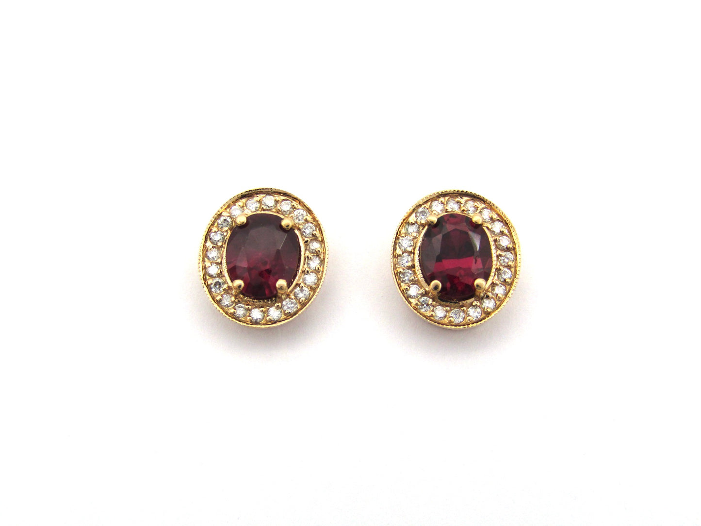 18K gold rhodolite garnet and diamond earrings.