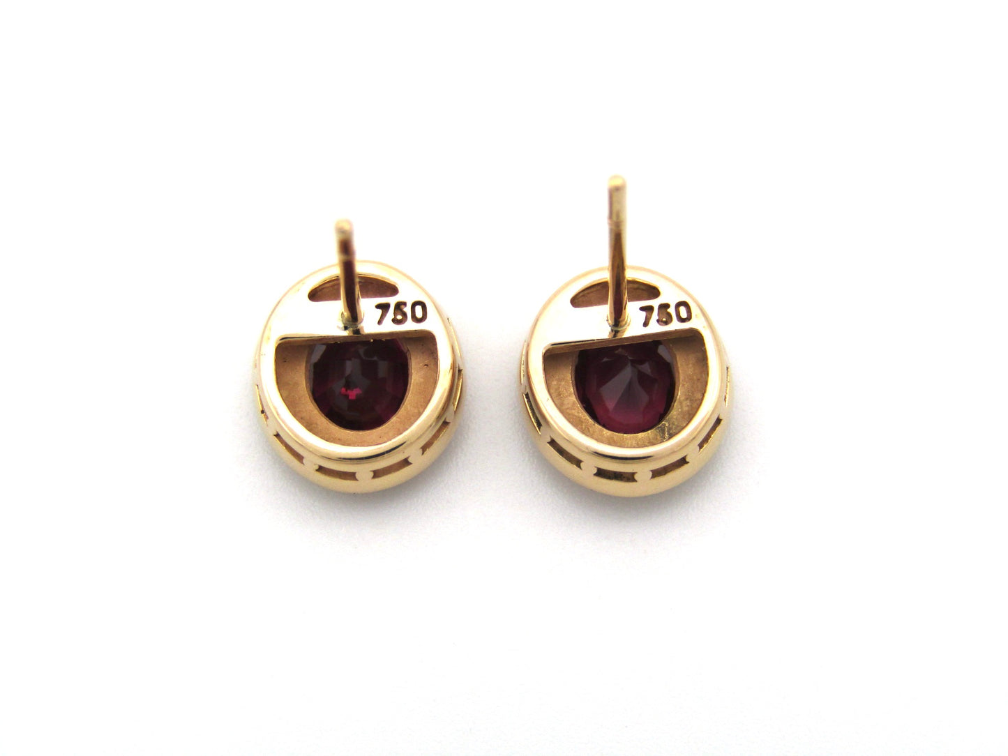 18K gold rhodolite garnet and diamond earrings.