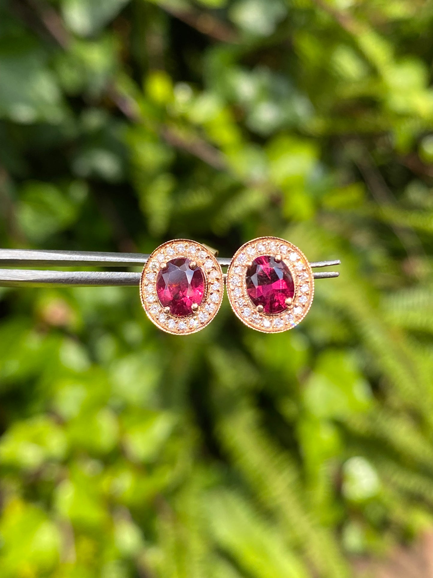 18K gold rhodolite garnet and diamond earrings.