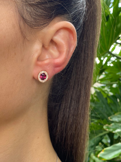 18K gold rhodolite garnet and diamond earrings.