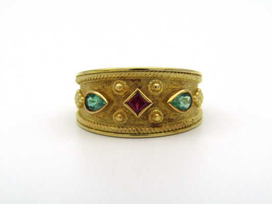 14K gold ruby and emerald ring.