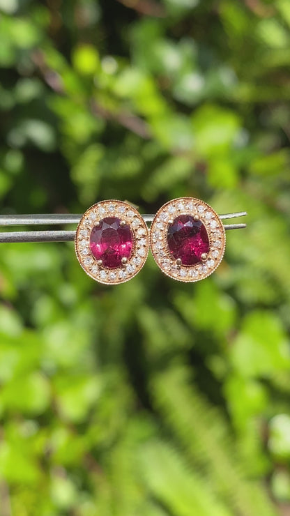 18K gold rhodolite garnet and diamond earrings.